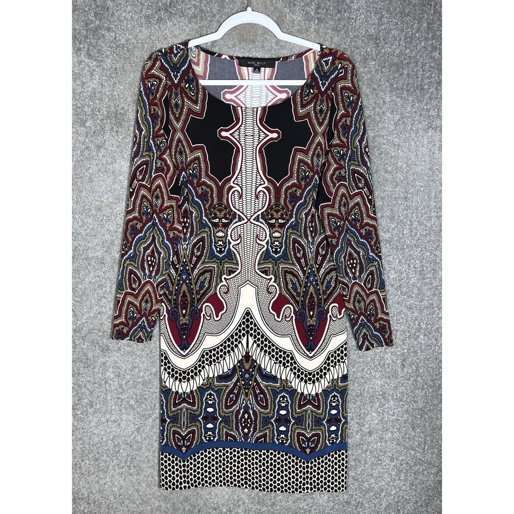 Nine West Tribal Shift Dress Womens Size 14 Black Burgundy Stretch Long Sleeve